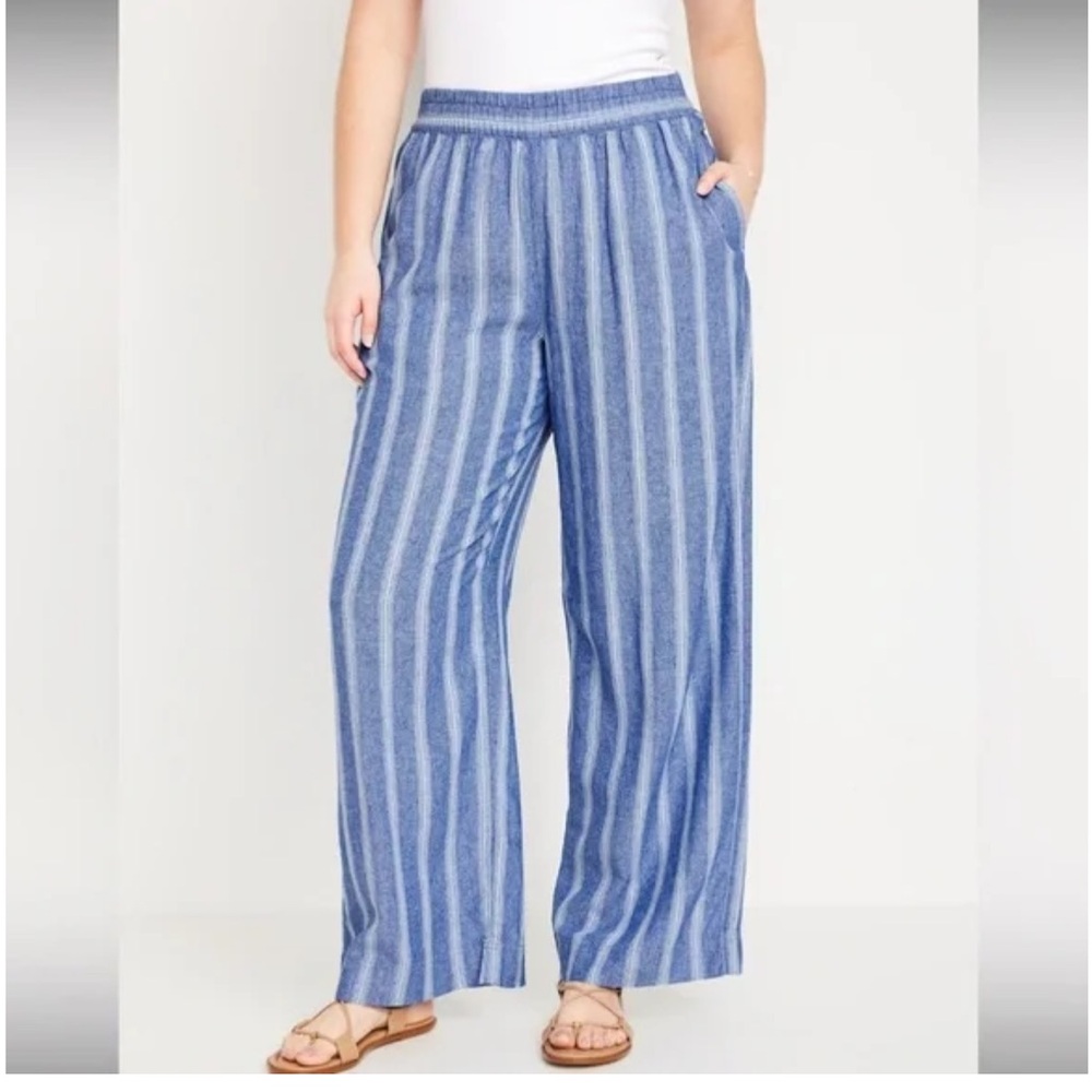 Old Navy High‑Rise Linen‑Blend Wide‑Leg Pants Women’s XL Blue Stripe Coastal